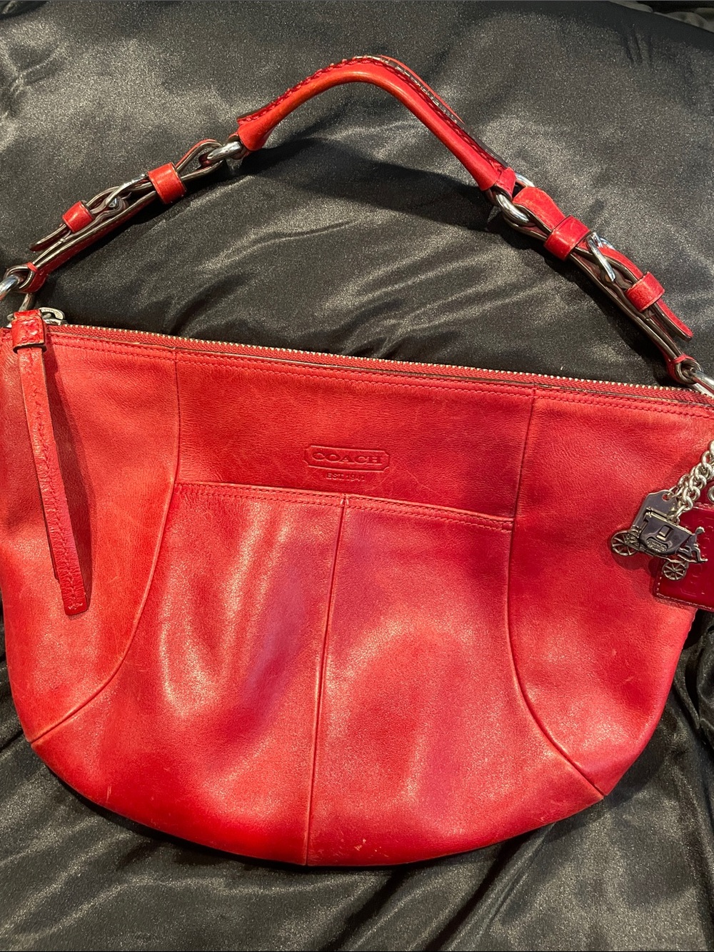 Coach Red Leather Shoulder Hobo with Chain-Trim Handle